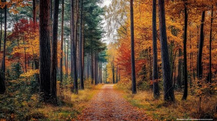 Obraz premium Autumn forest path, with tall trees on either side displaying vibrant fall foliage, leading into the depth of the forest
