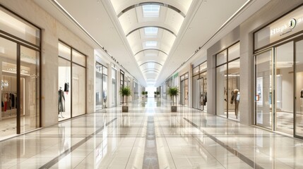 Fototapeta premium interior of an elegant shopping mall,&nbsp;showcasing its spacious and well&nbsp;-&nbsp;lit corridor with glass doors on both sides leading to different stores