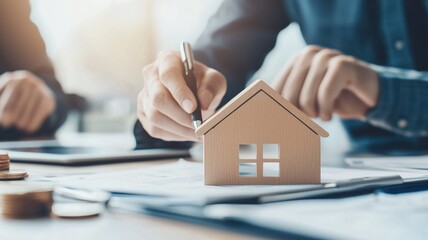 A person sketches a model house on a document, showcasing real estate planning and construction concepts in a professional environment.