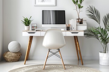 Sleek White Desk with Wooden Legs and Drawers in Modern Home Office with Organized Workspace