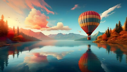 Obraz premium dynamic poster of a hot air balloon over the lake
