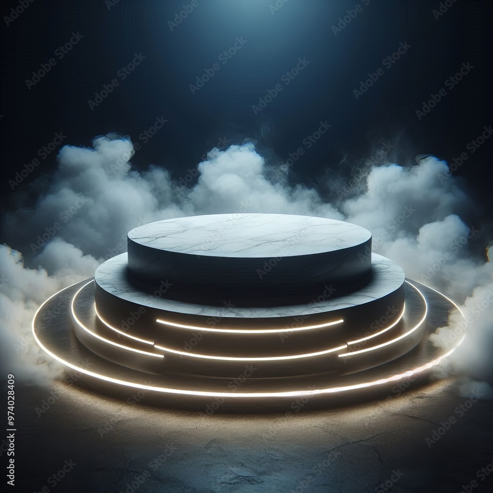 Poster 3d render of a podium with a spotlight and isolated on dark background glowing reflecting light