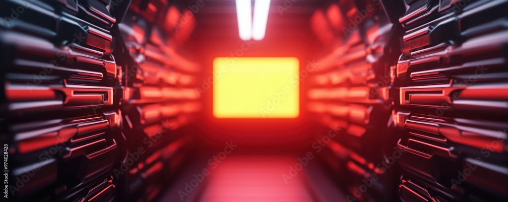 Poster futuristic data center corridor with glowing red lights and an empty screen, creating a vibrant and 