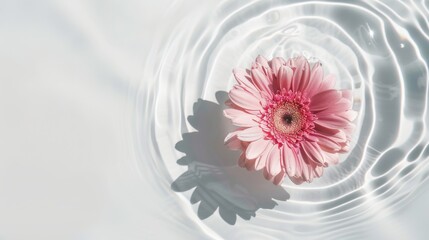 Minimalist white background with a pink gerbera flower floating on water, with ripples and shadows shown from a top view