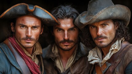 Fototapeta premium Three rugged, determined pirates stand shoulder-to-shoulder, their weathered faces etched with tales of adventure and peril.