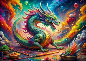 A vibrant, intricately scaled dragon stretches across a canvas, surrounded by scattered brushes and paint-splattered