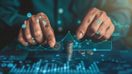 Businessman's Hand Pointing at a Growing Business Growth Graph with Stack of Coins and Holographic Virtual Screen Displaying Financial AI Technology Concept, Symbolizing Market Trends and Data Insight