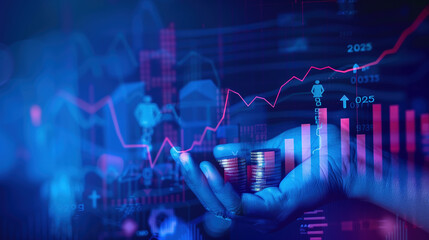 Businessman's Hand Pointing at a Growing Business Growth Graph with Stack of Coins and Holographic Virtual Screen Displaying Financial AI Technology Concept, Symbolizing Market Trends and Data Insight