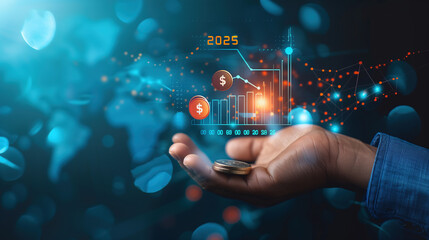 Businessman's Hand Pointing at a Growing Business Growth Graph with Stack of Coins and Holographic Virtual Screen Displaying Financial AI Technology Concept, Symbolizing Market Trends and Data Insight