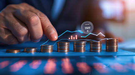 Businessman's Hand Pointing at a Growing Business Growth Graph with Stack of Coins and Holographic Virtual Screen Displaying Financial AI Technology Concept, Symbolizing Market Trends and Data Insight