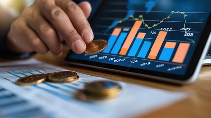 Businessman's Hand Pointing at a Growing Business Growth Graph with Stack of Coins and Holographic Virtual Screen Displaying Financial AI Technology Concept, Symbolizing Market Trends and Data Insight