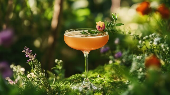 Botanical-infused drinks, capturing a close-up of a cocktail infused with fresh herbs, flowers, and botanicals, set against a lush garden backdrop