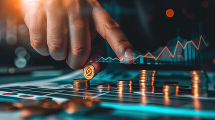 Businessman's Hand Pointing at a Growing Business Growth Graph with Stack of Coins and Holographic Virtual Screen Displaying Financial AI Technology Concept, Symbolizing Market Trends and Data Insight
