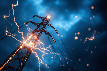 A power line is lit up with lightning bolts