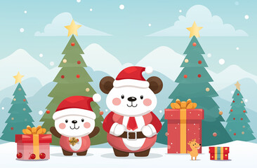 Christmas Tree,  Cartoon bears, Santa hat, presents and gifts against a blue background. Merry Christmas!