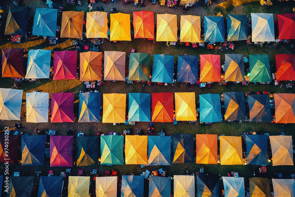 Poster a colorful array of tents in a field