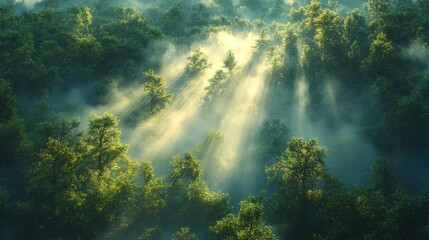 Serene forest scene with sunlight filtering through trees.