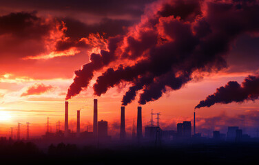 Obraz premium A large industrial area with smoke and clouds in the sky