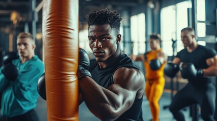 Boxing workout in a gym, featuring a diverse group of athletes training with punching bags and speed bags