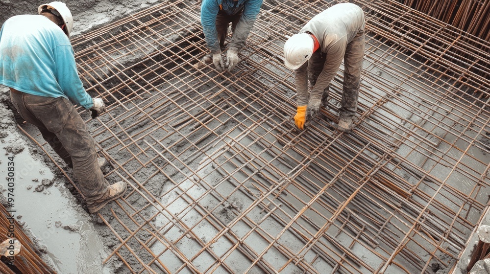 Poster building foundation being laid with a complex network of rebar and concrete, workers measuring and a