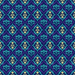 Blue and yellow damask and geometric patterns that are traditional, ethnic, Navajo, or Native American Indian. designs for clothing, curtains, carpets, sarongs, Hmong, and fabric edges.