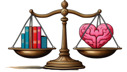 A scale symbol representing emotional balance, with elements such as a heart, brain, and school books on both sides, highlighting the balance between emotions and learning.