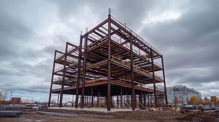 Building under construction with a focus on the steel framework and the gradual development of the structure, cloudy sky above