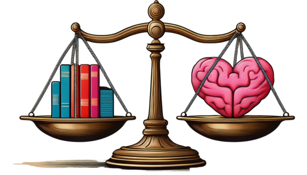 A scale symbol representing emotional balance, with elements such as a heart, brain, and school books on both sides, highlighting the balance between emotions and learning.