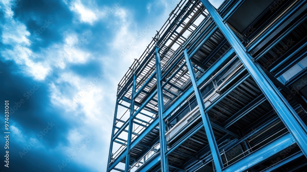 Aufkleber building under construction with a focus on the steel framework and the gradual development of the s