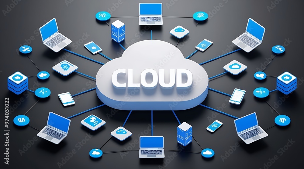 Poster white 'cloud' icon surrounded by blue device icons in a radial layout, illustrating cloud computing 