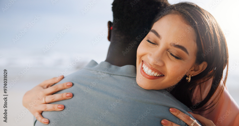 Canvas Prints Love, hug and support with couple at beach for travel destination, summer and honeymoon vacation. Relax, tropical and adventure with man and woman on date for holiday, bonding and romance together