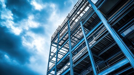 Obraz premium Building under construction with a focus on the steel framework and the gradual development of the structure, cloudy sky above