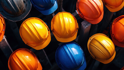 A collection of hard hats in various colors and sizes