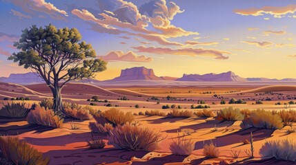 Peaceful morning desert scene, as sunrise casts gentle glow over horizon, evoking calmness and tranquility