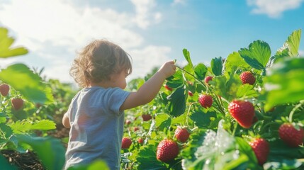 Child in an organic strawberry field, exploring and picking strawberries, surrounded by lush greenery and a clear blue sky