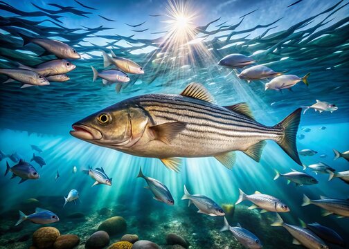 A vibrant striped bass swims closer to the surface of a serene ocean, its silver scales reflecting sunlight