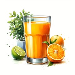 Fresh Orange Juice in a Glass with Sliced Oranges and Lime Illustration