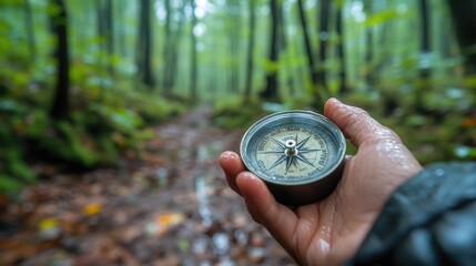 Naklejka premium Hand Holding a Compass in a Forest Adventure for Explorers and Travel Enthusiasts