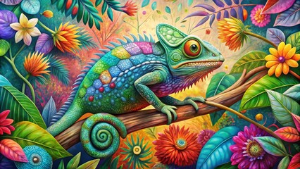 Obraz premium A vibrant, whimsical illustration of a chameleon perched on a branch, surrounded by colorful sketches of leaves and