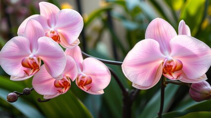 A delicate, velvety-petaled orchid blooms amidst lush green foliage, its soft pastel hues radiating gentle warmth