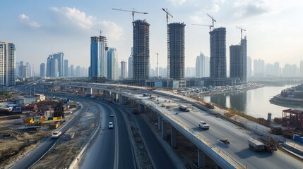 City infrastructure construction showing new bridges and roads being developed alongside high-rise buildings
