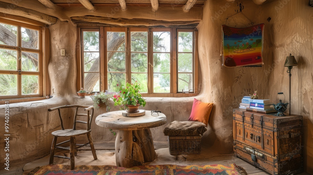 Wall mural cozy adobe-style room in new mexico desert with natural wood furniture and earthy colors. includes a