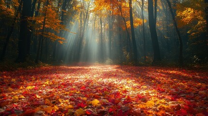 Fototapeta premium Serene autumn forest with vibrant leaves and soft sunlight.
