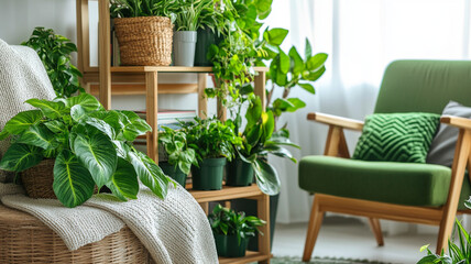 Fototapeta premium Modern indoor space with wooden bookshelf, lush green plants, books, and a cozy armchair in a natural, serene atmosphere.