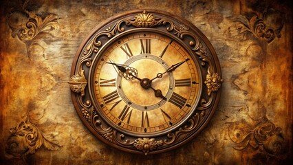 Fototapeta premium A vintage analog clock face with Roman numerals and ornate details on a distressed background, conveying a sense