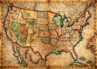 A vintage illustrated map of the United States in 1850 shows territorial boundaries, state lines, rivers, and major