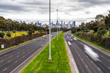 Eastern Freeway overpass overlooking Melbourne CBD City 