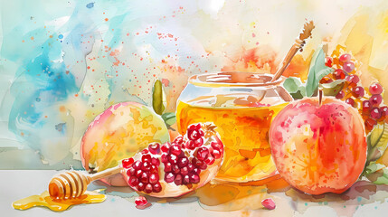 new year on greeting watercolor card with symbols attractive jewish holiday rosh hashanah honey and apples with pomegranate in pastel colors