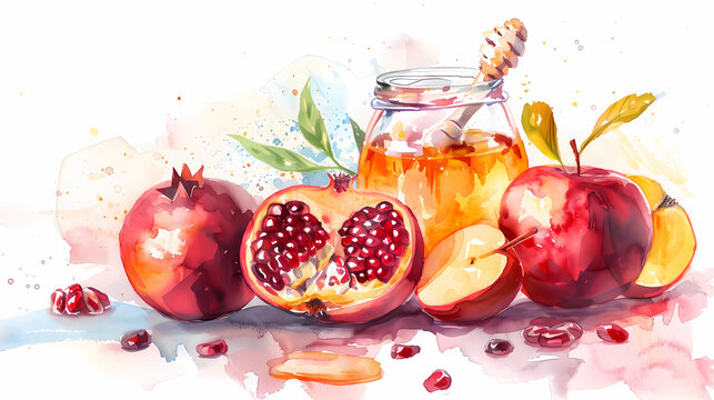 Watercolor illustration with symbols attractive Jewish holiday Rosh Hashanah honey and apples with pomegranate in pastel colors