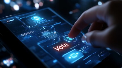 A close-up of a finger pressing a glowing "Vote" button on a futuristic digital interface, symbolizing online voting and technology.